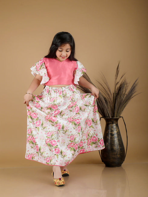 Girl's Printed Skirt And Ruffle Crop Top Set